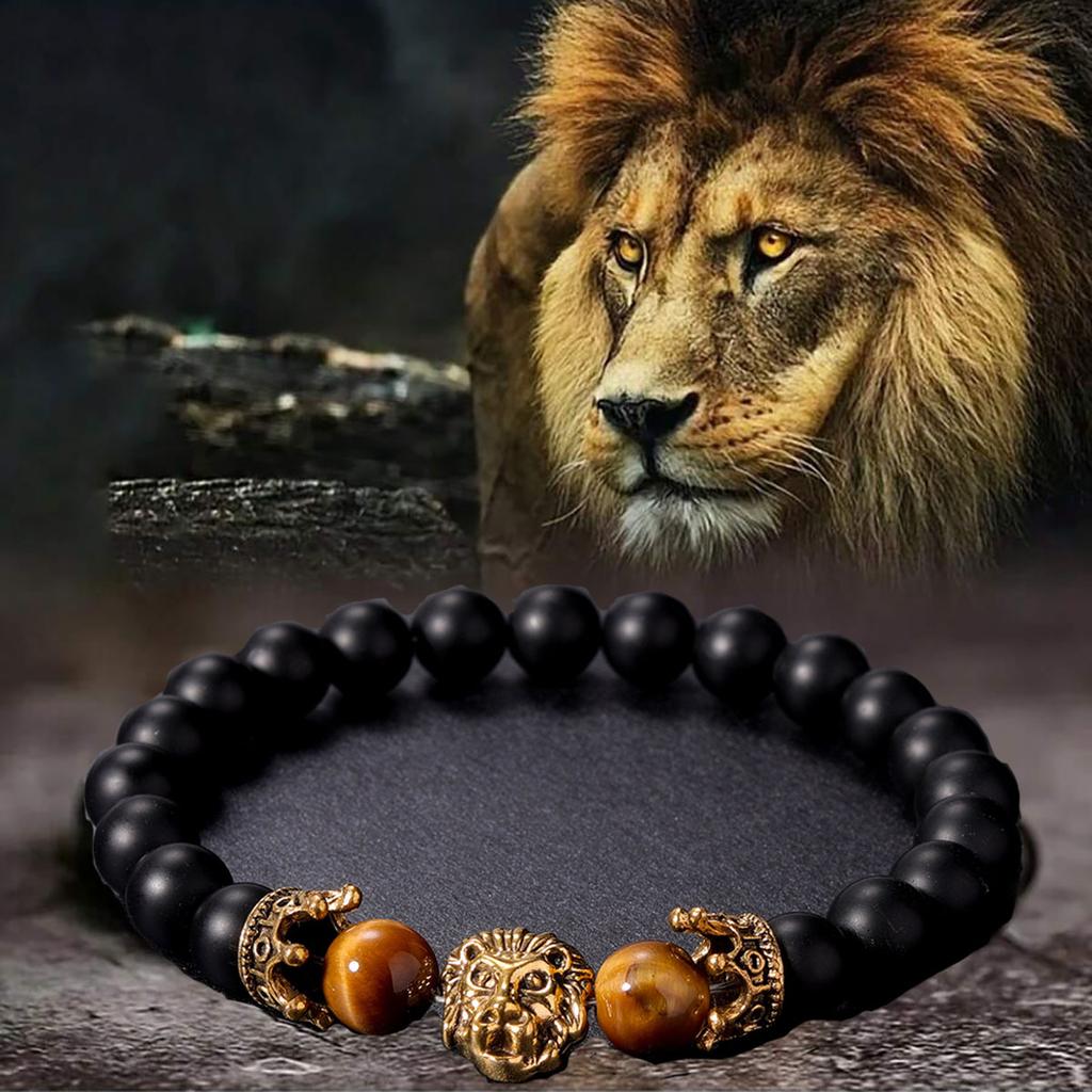 Festive Gifts Black Matte Onyx Tiger Eye And Gold Lion Head Beaded Bracelet Bold Fashion Jewelry For Men Daily Wear Simple Versatile Accessory