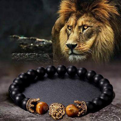 Festive Gifts Black Matte Onyx Tiger Eye And Gold Lion Head Beaded Bracelet Bold Fashion Jewelry For Men Daily Wear Simple Versatile Accessory