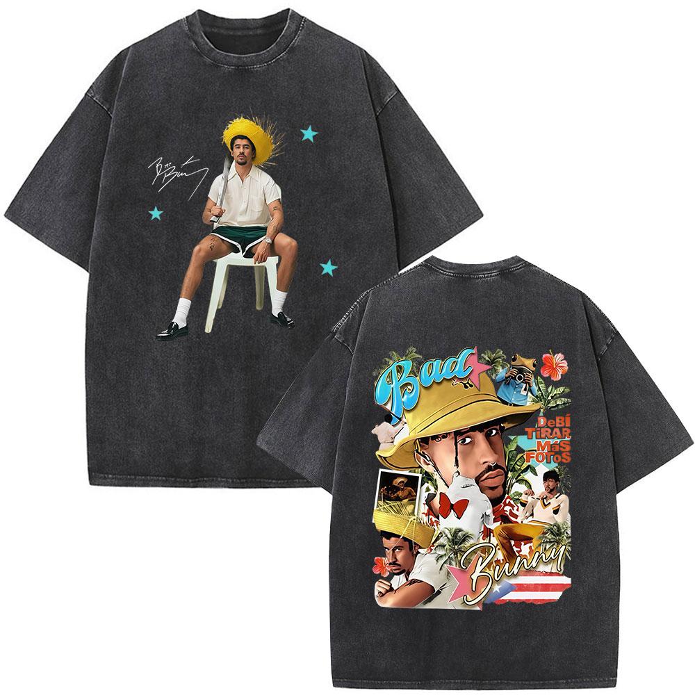 Rapper Bad Bunny Debi Tirar Mas Fotos DTMF Vintage Washed T Shirts Men Women Clothing Fashion Hip Hop ONeck Tshirts Streetwear