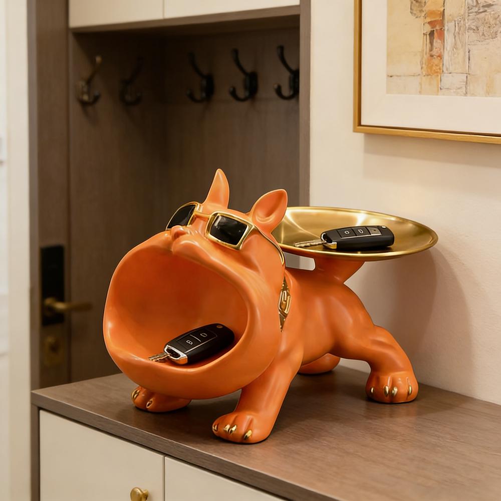 Orange Bulldog Statue Storage Tray Ornament Animal Dog Decoration Resin Craft Art Sculpture Home Decoration Gift