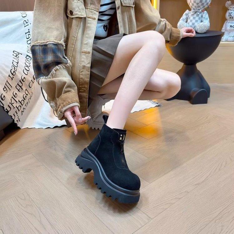 Front zipper Martin boots women's 2025 autumn new retro suede thick-soled heightening short boots Korean version versatile single boots