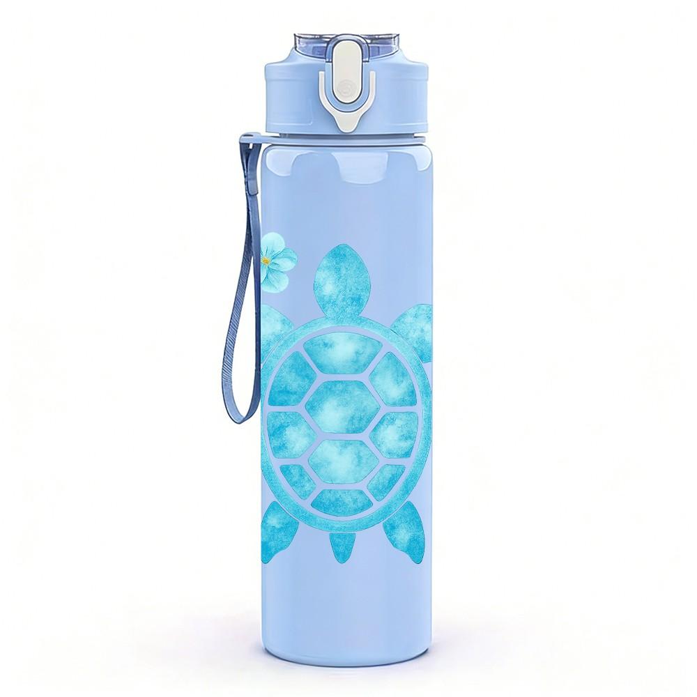 1PC Light Blue Sea Turtle Cartoon 750ml Color Plastic Sports Water Bottle Leakproof Flip Straw Lid Suitable for Sports Office Home Use
