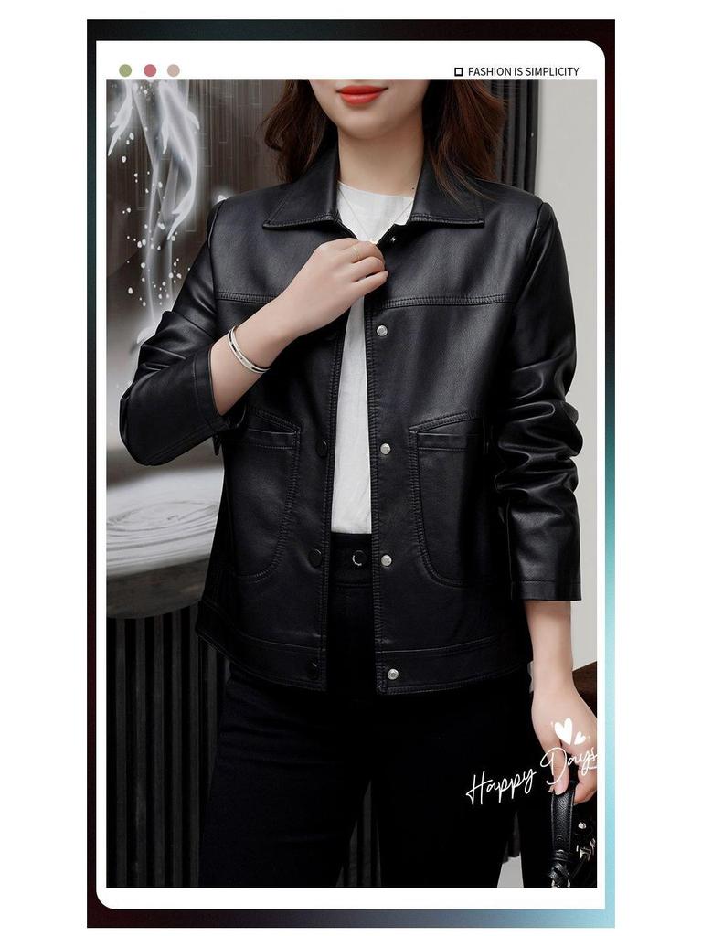 Women's High-End Leather Motorcycle Jacket - Slimming Short Style, Spring/Autumn 2025 Fashion