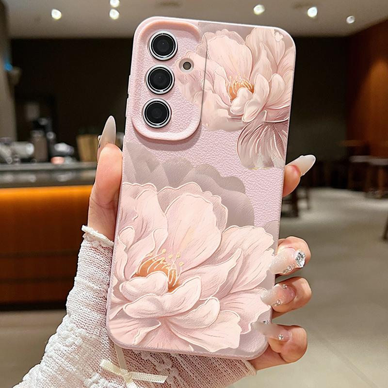 Pink Peony Floral Case For Samsung S26 Ultra S25 Edge S24 S23 Plus S22 S21 FE A15 A16 A17 A35 A36 A54 A55 A56 A57 5G Leather Texture Soft Cover