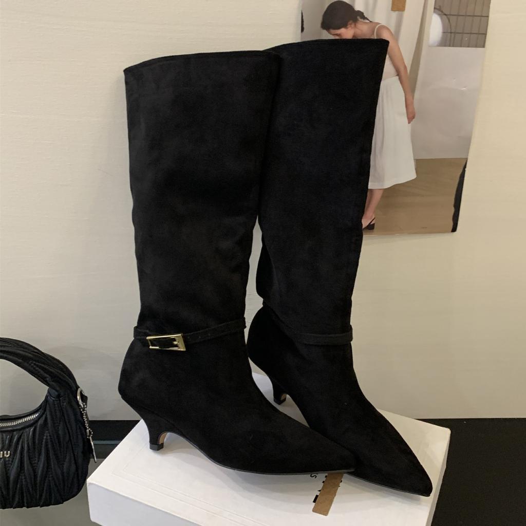 Mi Ting Niche Design Shows Thin Pointed Toe Small Heel Boots Removable Belt Buckle and Knee Boots French Temperament Knight Boots
