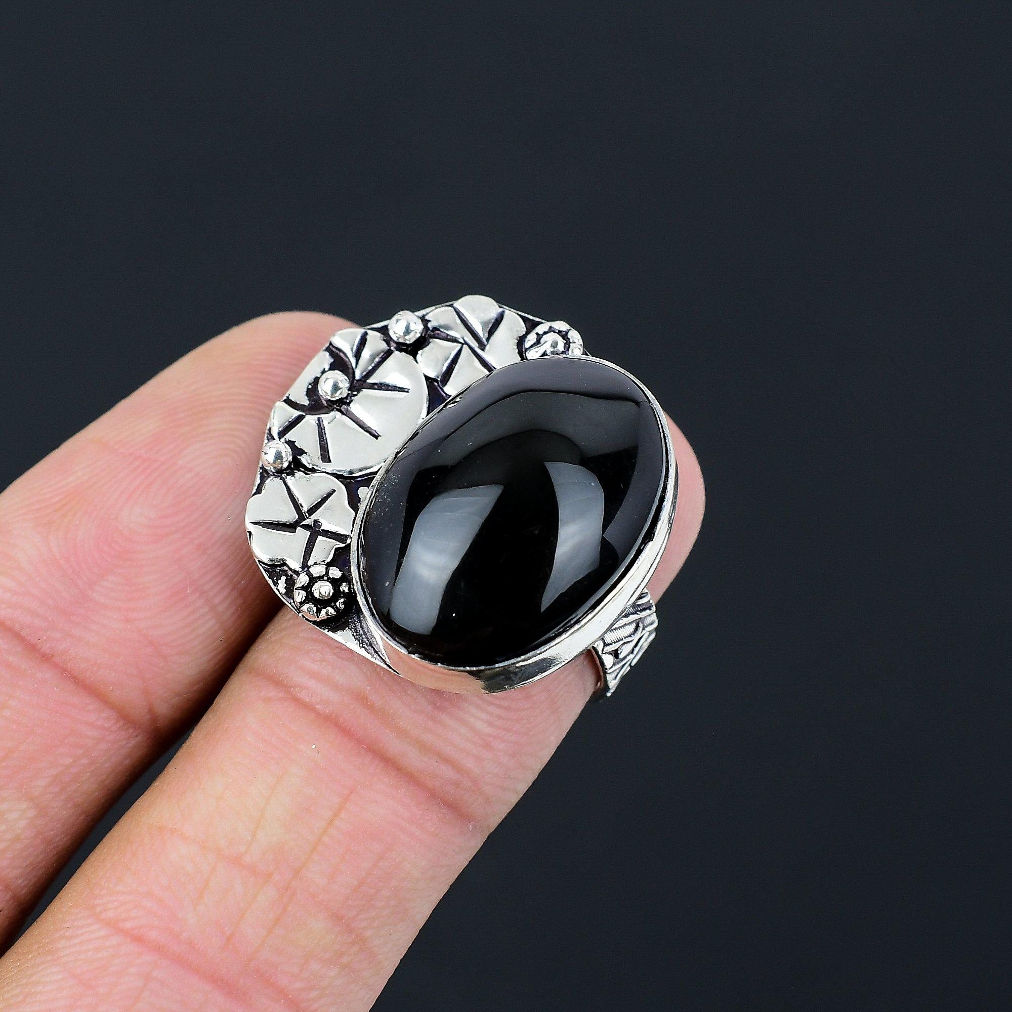 Halloween Deal Oval Black Onyx Gemstone Solitaire Birthday Ring 925 Silver US 7 7