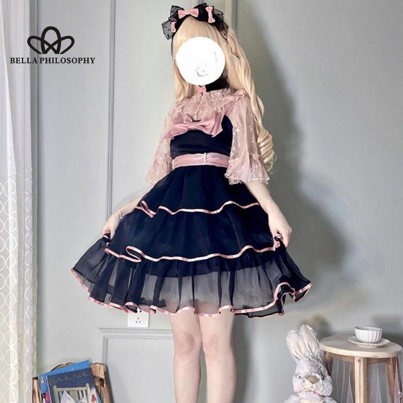 Lolita Guardian Sweetheart Bow Cake Dress Słodka JK Pończoch Drukuj Siatka Bufiasta sukienka księżniczki Kobieta