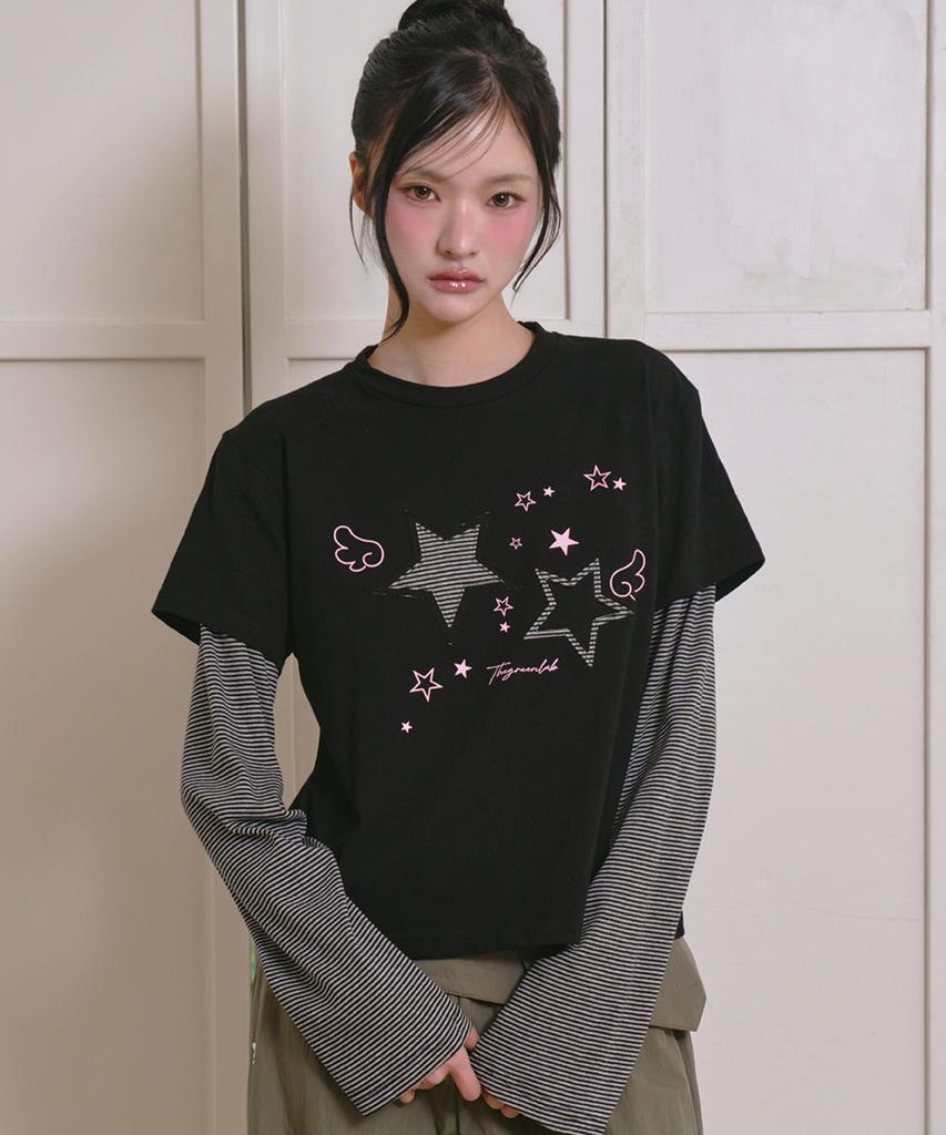 THE GREEN LAB Star Patch St Layered T-Shirt [Black]