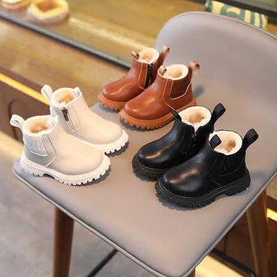 Boys Girls Handsome Casual All-Match Comfortable Simple Side Zipper Design Plush Warm Non-Slip Short Boots Leather Boots