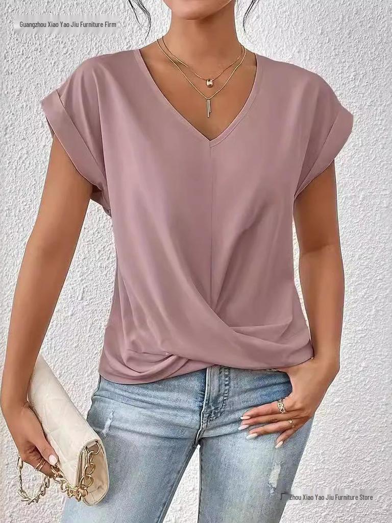 Elegant Solid Color V-neck Short-sleeve T-shirt for Women - Spring/Summer Collection