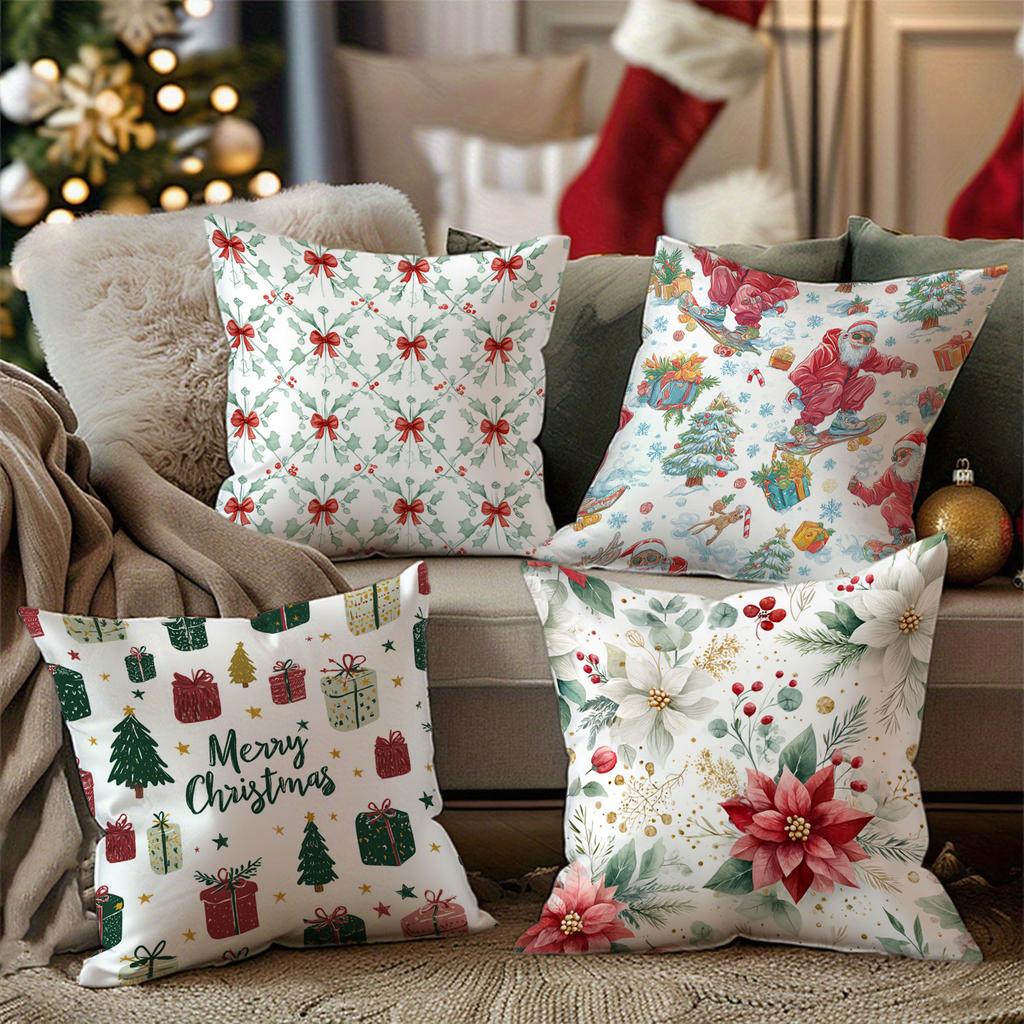 Christmas-Themed Floral & Gift Print Pillowcasesuitable For Sofa Car Bedroom Decorative Cushion Cover Pillow Cover