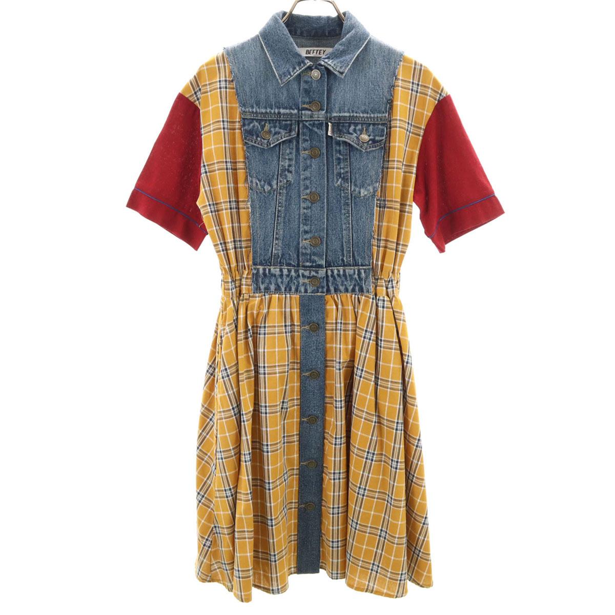 

BEFTEY Короткий рукав Переключение разных материалов Цельное платье F Горчичный Женский Б/у