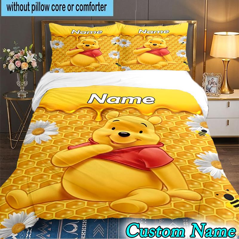 3PCS Custom Name Cartoon bear Bedding Set Printed Duvet Cover Closure Includes 1 Duvet Cover & 2 Pillowcases for All Seasons Bedroom Decor