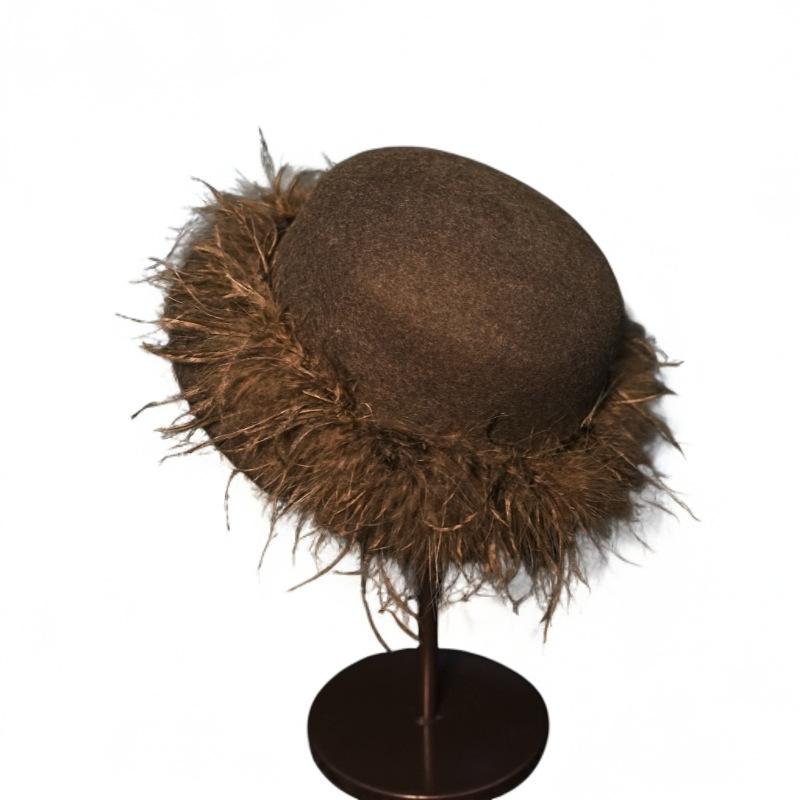 French Retro Hepburn Brown Coffee Woolen Top Hat Felt Hat Japanese Autumn And Winter Women'S Feather Warm Small Basin Hat