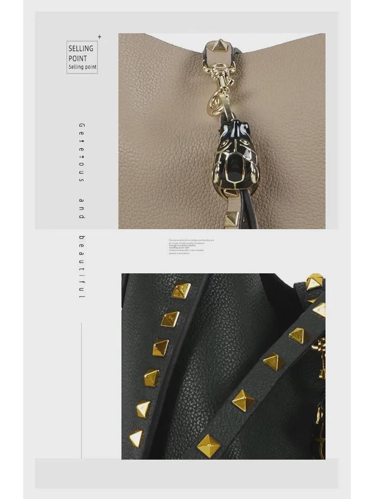 Women's Retro Rivet Cowhide Bucket Bag with Leopard Head Design