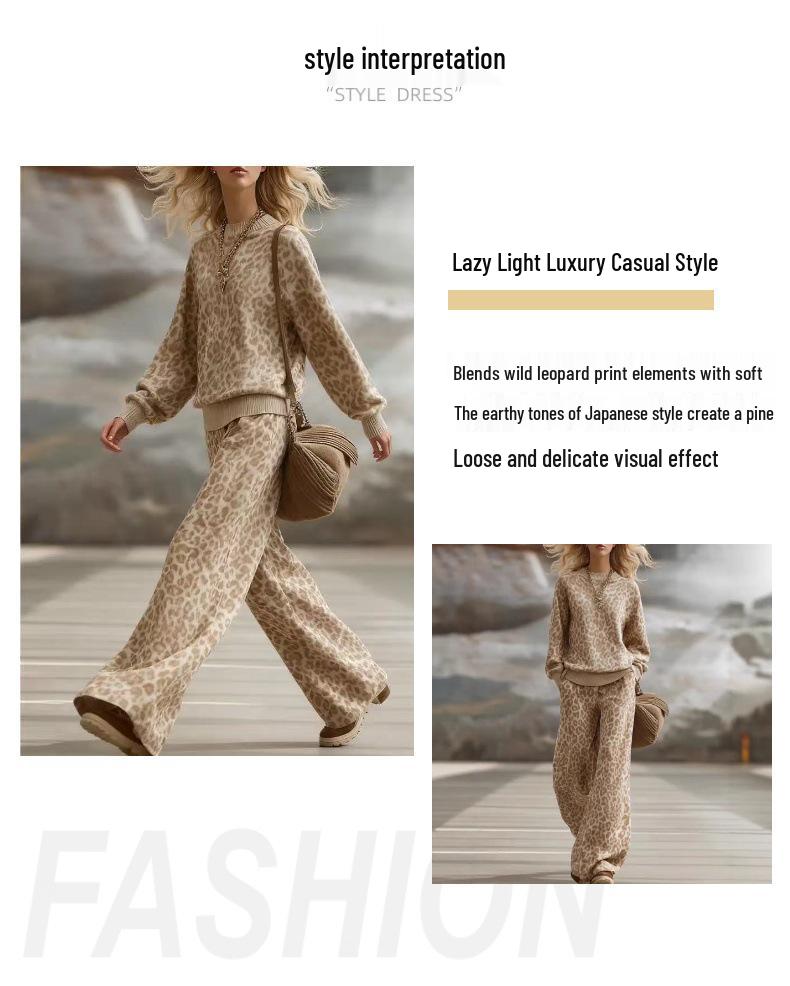 Europäischer & Amerikanischer Damen Leichter Brauner Leopardendruck Schlank Geschnittener Retro Anzug - Langärmliges Oberteil & Hose