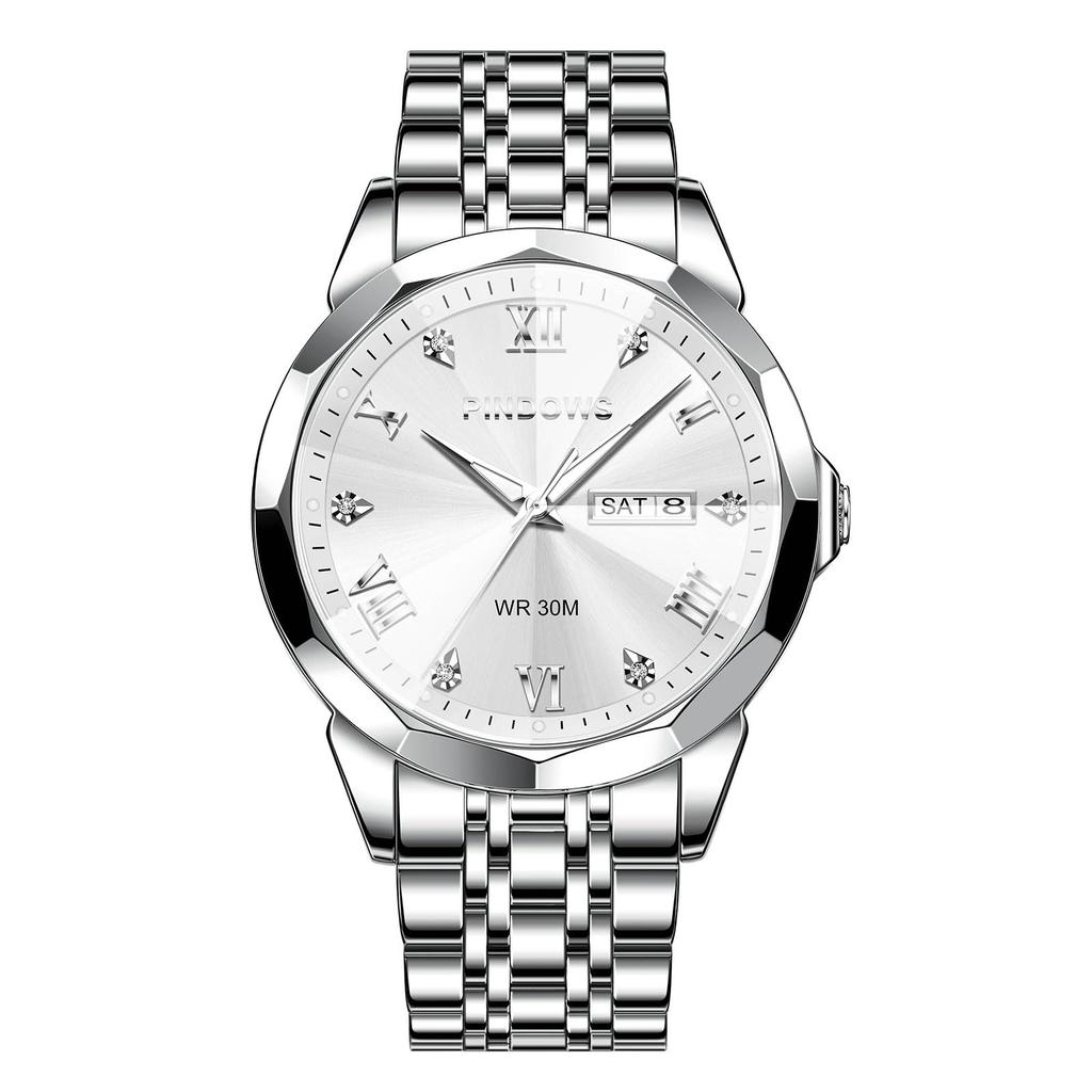 PINDOWS Men's Analog Quartz Watch with Day and Date Display, Stainless Steel Band, Water Resistant for Daily Use