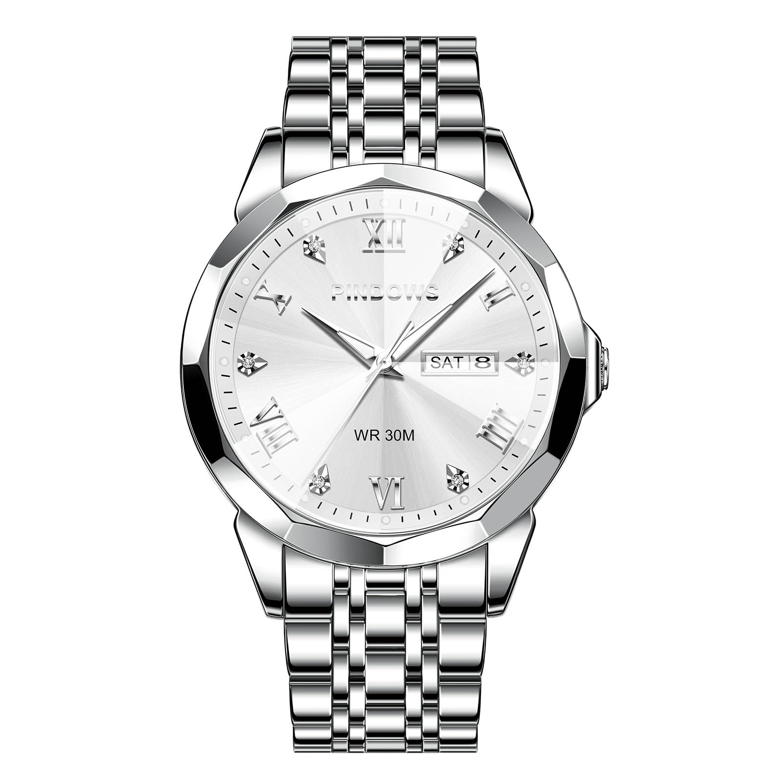 PINDOWS Luxury Business Dress Analog Quartz Water Luminous Date Stainless Steel Classic Business Casual Style Men s Watch, Diamond-Decorated, Style,
