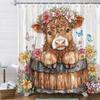 Highland Cow Christmas Shower Curtain, Funny Cute Animals Rustic Wooden Flower Board Winter Farmhouse Snow Bathroom Curtains