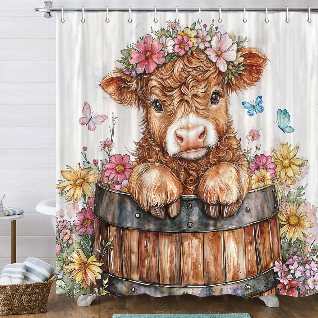 Highland Cow Christmas Shower Curtain, Funny Cute Animals Rustic Wooden Flower Board Winter Farmhouse Snow Bathroom Curtains