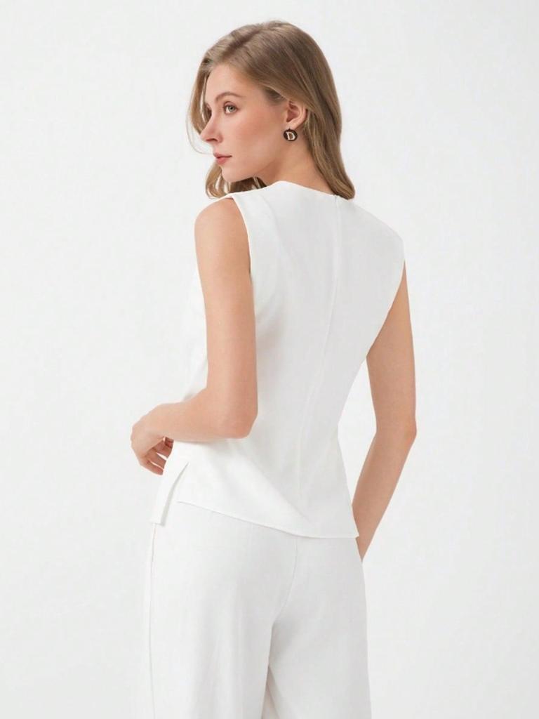Summer Pleated White Sleeveless Top - Women's Fashion Vest for Workplace Commute