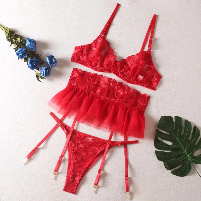 Sexy Embroidery Lingerie Red Hot Ensemble Lingeries Femmes Fantasy Skirt g-String Wireless Bra Briefs Romantic Kit New Year Gift