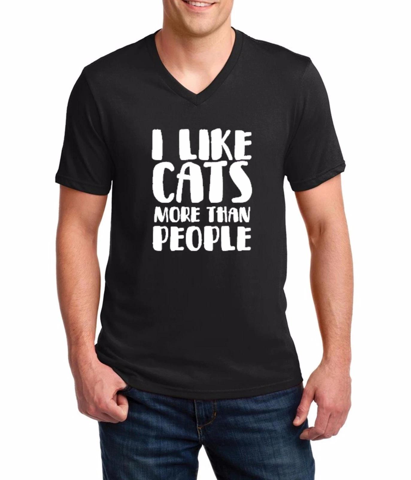 Mens V-neck I Like Cats More Than People T Shirt Animal Lovers Kitten T-shirt M