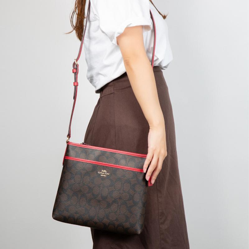 Coach File 26 Printed Zipper Classic Monogram Canvas With Leather Crossbody Bag Large Unisex Crossbody Bag Dark-Brown Red 29210-IMEL72