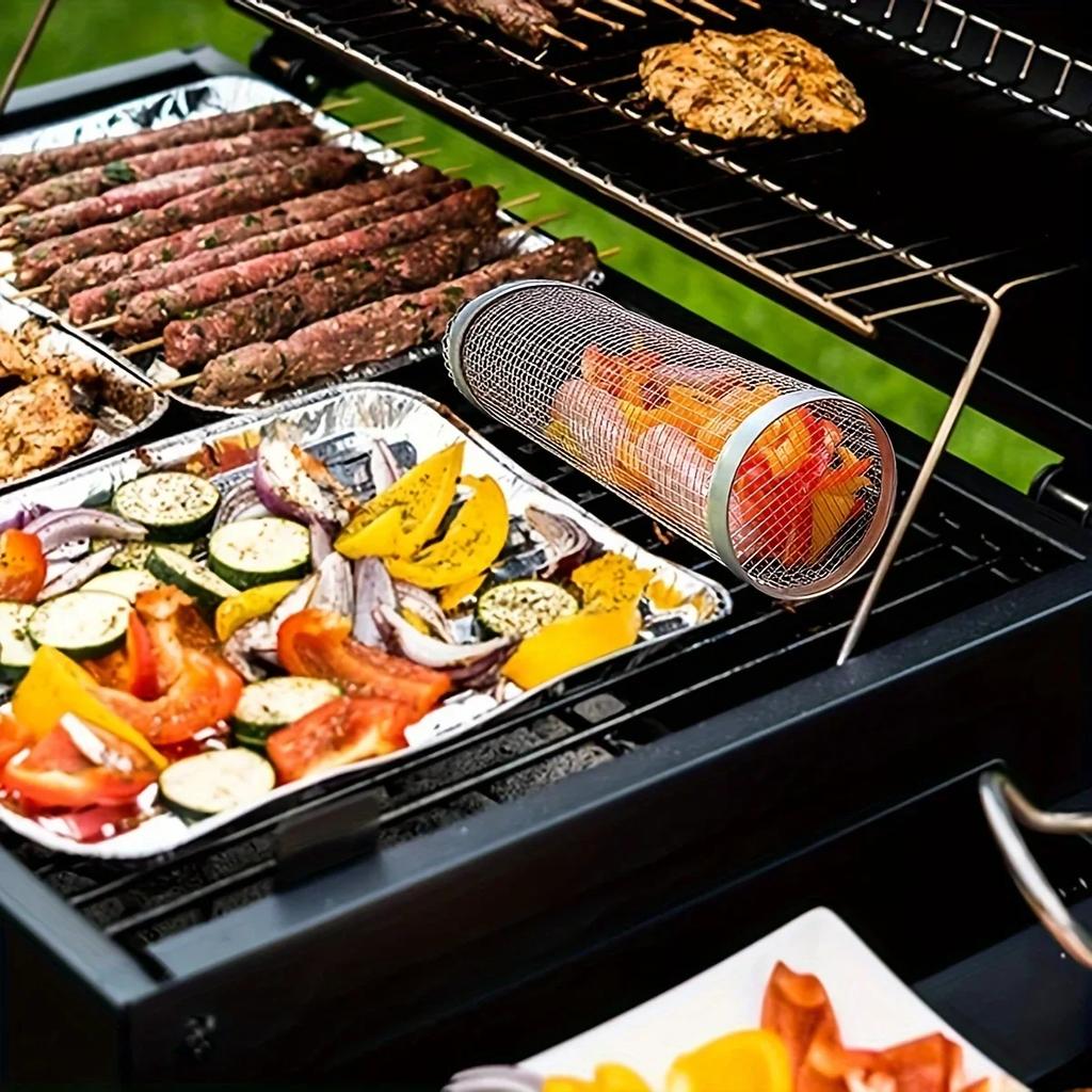 BBQ Rollender Grillkorb - Großer runder Maschen-Grillkäfig für Gemüse-Fischscheiben - Perfekt für Picknick im Freien, Camping, Backen