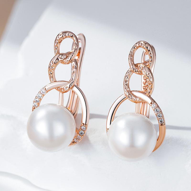 Unique Geometric Pearl English Earrings For Women Luxury Rose Gold Color With Natural Zircon Bridal Wedding Jewelry