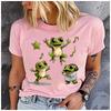 Unisex Polyester 100% Happy Jumping Big Eyes Frog Print T-Shirt Loose Round Neck Casual Short Sleeve Fashion Top for Summer