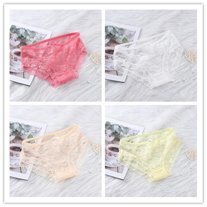 Girls' Sexy Lace Briefs Breathable Underwear with Butterfly Knot Carved Mid Air Waist Knickers Solid Color Women's Triangle Panties