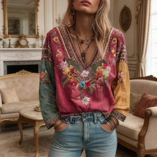 Women Tops V-Neck Long Sleeve Embroidery Flower Printing Tee Shirt Bohemia Ethnic Style Pullover