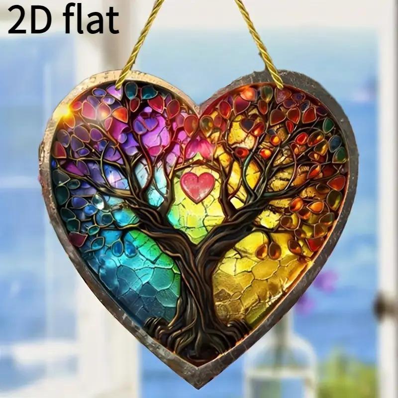 2D Flat Heart-Shaped Tree Acrylic Stained Glass Style Decoration Sign, Suitable for Wall Decoration, Porch, Room, Villa, Accents Home, Hallway, or Wor