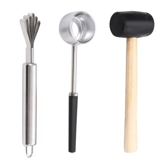 Coconut Opener Tool Set Stainless Steel Coconut Meat Scraper Coconut Opener with Rubber Mallet Food Grade Portable