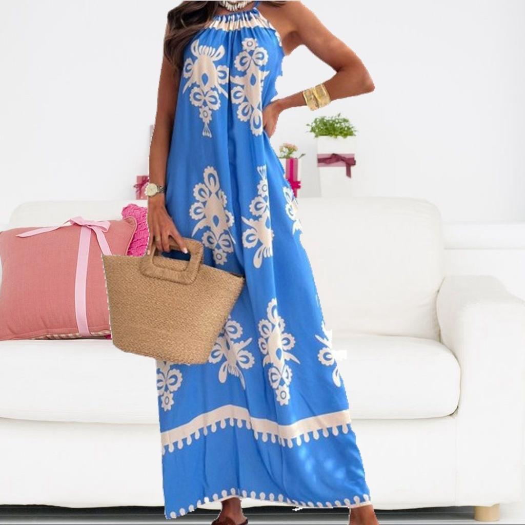 2026 new bohemian print neck dress seaside vacation beach dress women's summer loose