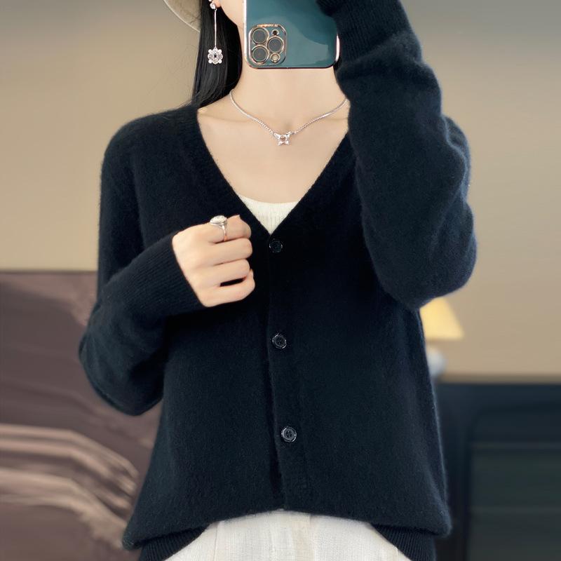 

Кардиган с V-образным вырезом Женский Весенне-осенний Однотонный Универсальный Топ с длинными рукавами Приятное к коже Пальто XXL чёрный