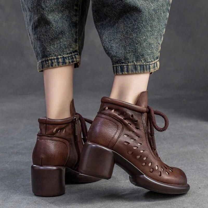 Johnature Retro Breathable Hollow-out Boots Sandals Genuine Leather Fashion High Heels Women's Shoes