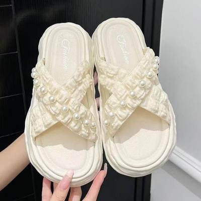 Summer New Fairy Wind Pearl Cool Slippers Women Wear Thick Soles - .CM Muffin Shoes Seaside Beach Slippers Ins