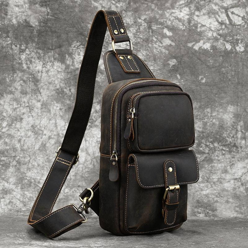 Crazy Horse Leather Breast Bag Men'S Summer And Autumn Leather Oblique Span Bag Cowhide Shoulder Bag Commuter Outdoor Leisure Backpack