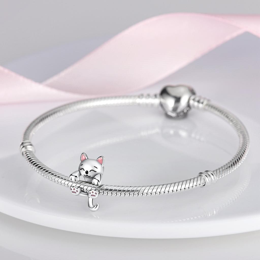 Charms Copper Original Bracelet Cute Cat With Blue Zircon Red Heart Charms Beads Fine Diy Jewelry