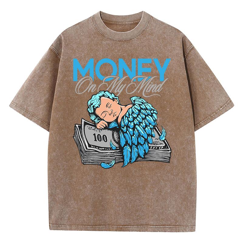 Vintage Dámská trička s kyselým praním Peníze v mé mysli Manga Anděl Potištěné topy Kulatý výstřih Bavlna Oversize Trička Módní oblečení