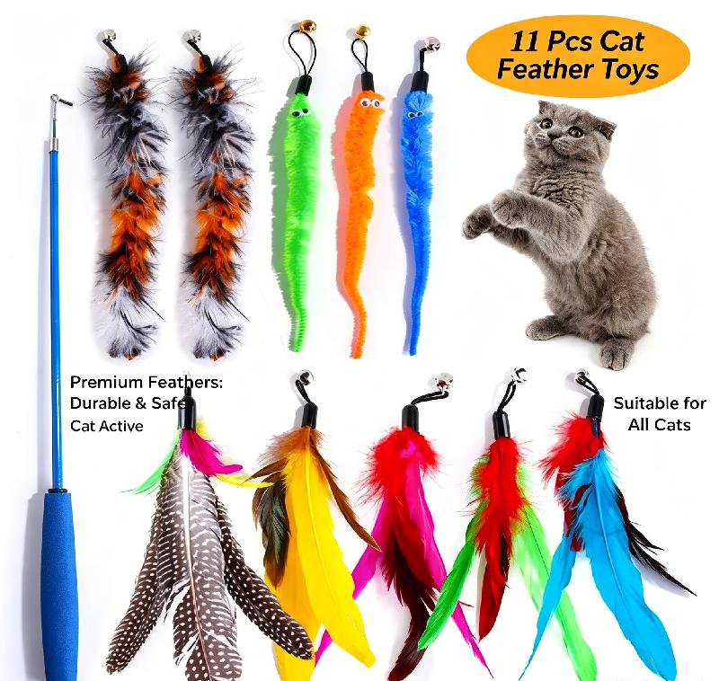 Set of 11 Spare Feather Heads for Cat Toy, for Retractable Stick, Cat Products