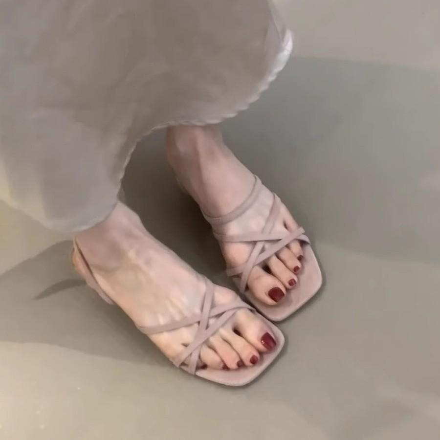 Soft Leather Version~ French Gentle Thick-heeled Sandals Female Evening Breeze with Skirt Open-toed Fairy Square Head with Cool Slippers