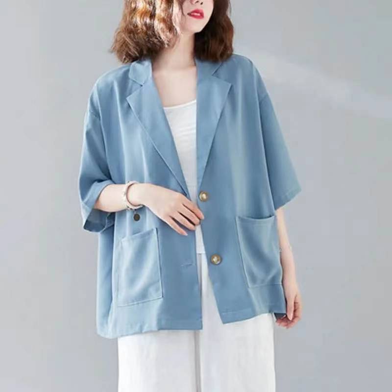 

Повседневный Свободный Корейский Модный Офисный Леди Прямой Простой Пуговичный Блейзер Карманы Летний Тонкий С Лацканами Женский Однотонный L синий