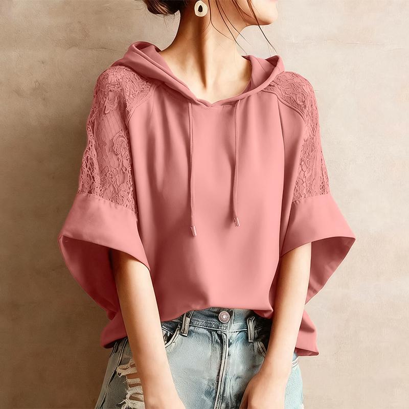 

ZANZEA Women Hooded Collar Loose Casual Lace Splice Half Sleeve Hoodies Blouse M рожевий