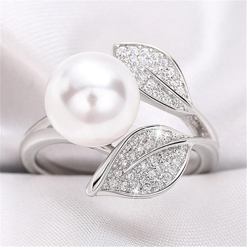 

925 Sterling Silver Pearl Leaf Rings for Women Fashionable Female Leaf Rings Wedding Party Sweet Jewelry Gifts 6