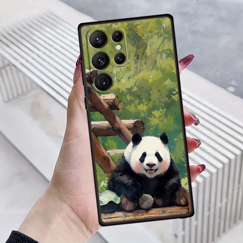 Cartoon Anime Panda Cute Phone Case For Samsung Galaxy S26 S25 S24 S23 S22 S21 S20 Ultra Plus FE 5G Black Soft TPU