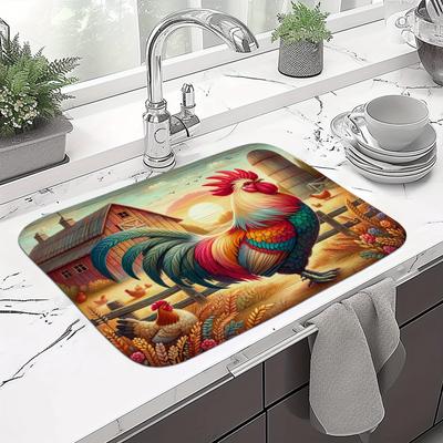 1Pcs Rooster Printed Rubber Drying Mat For Coffee Shop Kitchen Carpet Tableware Durable Diatom Mud Table Mat Pet Coffeeware Mat