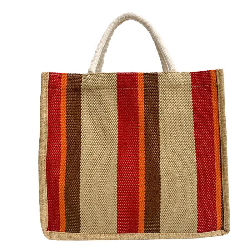 

Женская сумка хлопково-льняная большой вместимости на плечо портативная сумка-тоут 2025 новая линия в полоску контрастного цвета